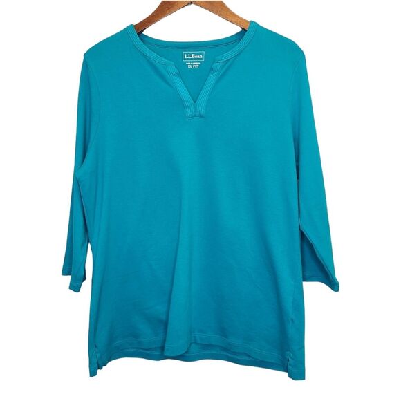 L.L. Bean 3/4 Sleeve Splitneck Cotton Teal Blue Tunic Tee XL - Picture 1 of 7